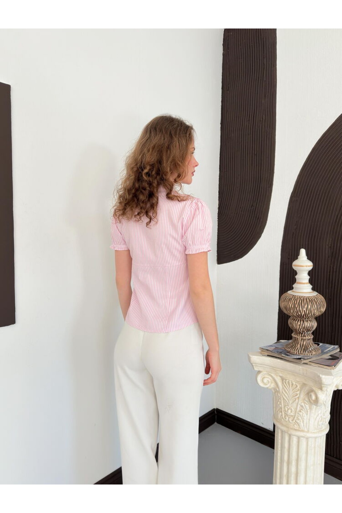 D 3021 ÇİZGİLİ FIRFIRLI GÖMLEK - PEMBE